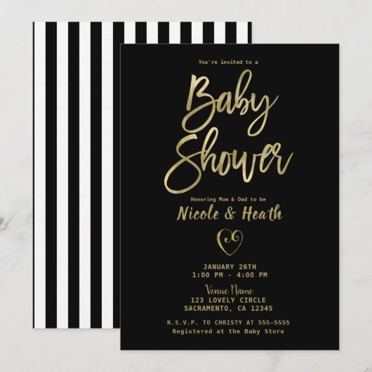Invitation Black White Stripes Gold Chic Baby shower (Devant / Derrière)