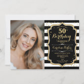Invitation Black White Stripes Gold Photo 50e anniversaire (Devant)