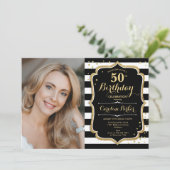 Invitation Black White Stripes Gold Photo 50e anniversaire (Debout devant)