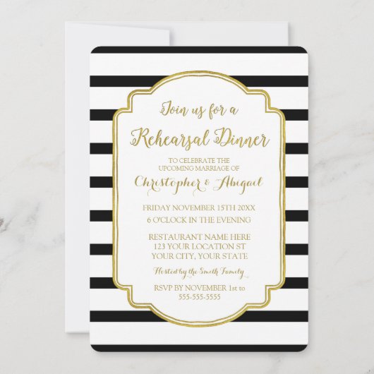 Invitation Black White Stripes Gold Rehearer Diner Party (Dos)