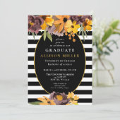Invitation Black White Stripes Jaune Floral Graduation Party (Debout devant)