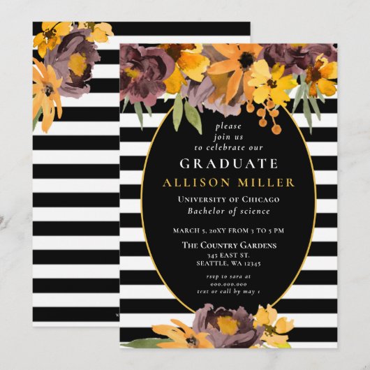 Invitation Black White Stripes Jaune Floral Graduation Party (Devant / Derrière)