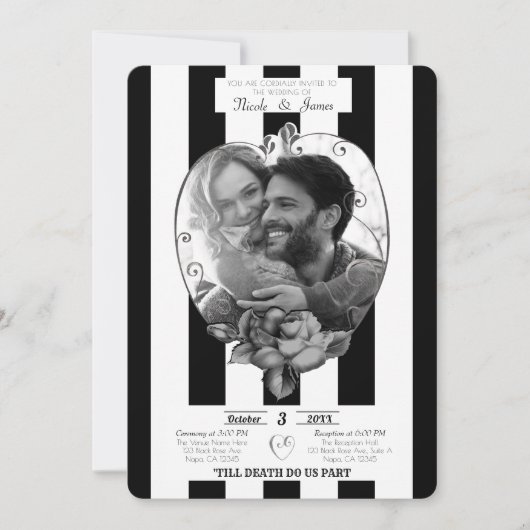 Invitation Black White Stripes Photo Mariage Mariage gothique (Devant)