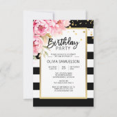 Invitation Black White Stripes Pink Peonies Anniversaire (Devant)