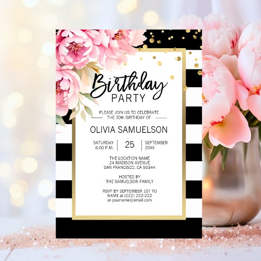 Invitation Black White Stripes Pink Peonies Anniversaire