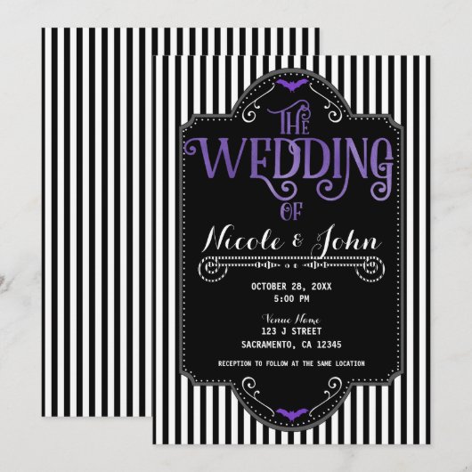 Invitation Black White Stripes Purple Gothic Bat Wedding (Devant / Derrière)