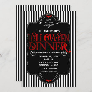 Invitation Black White Stripes Red Gothique Dîner d'Halloween