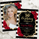 Invitation Black White Stripes Red Roses Photo 50e anniversai<br><div class="desc">Elégante invitation à 50e anniversaire fleurie avec votre photo au verso de la carte. Noir noir blanc rouge design avec faux or parties scintillant. Caractéristiques noir et blanc rayures, roses rouges, police de script et confetti. Parfait pour une fête anniversaire adulte élégante. Personnalisez avec vos propres détails. Peut être customisé...</div>
