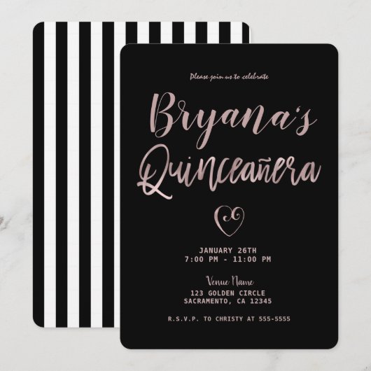 Invitation Black & White Stripes Rose Gold 15 Quinceañera (Devant / Derrière)