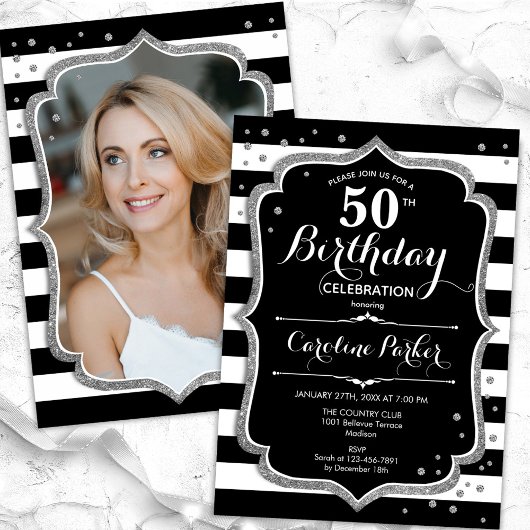 Invitation Black White Stripes Silver Photo 50e anniversaire