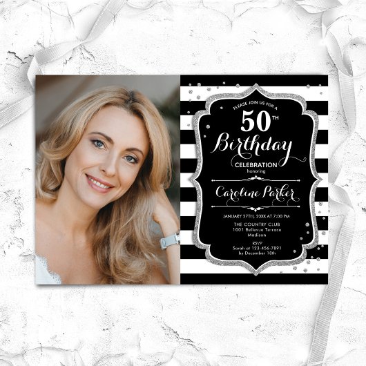 Invitation Black White Stripes Silver Photo 50e anniversaire
