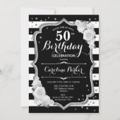 Invitation Black White Stripes Silver Photo 50e anniversaire (Devant)