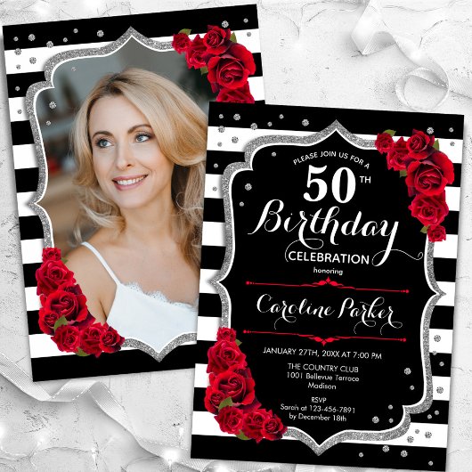 Invitation Black White Stripes Silver Red Photo 50e anniversa