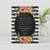 Invitation Black White Stripes Sunflowers Graduation Party (Debout devant)