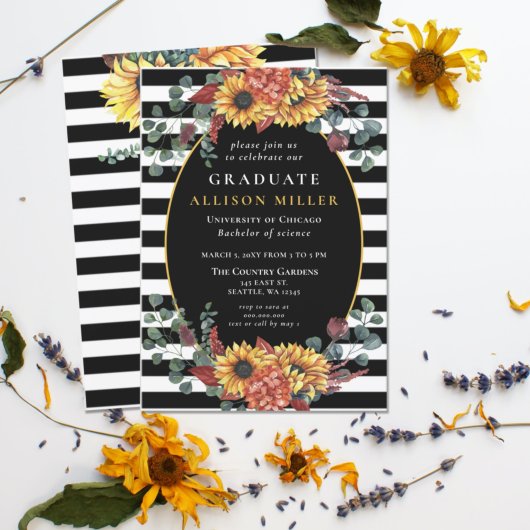 Invitation Black White Stripes Sunflowers Graduation Party