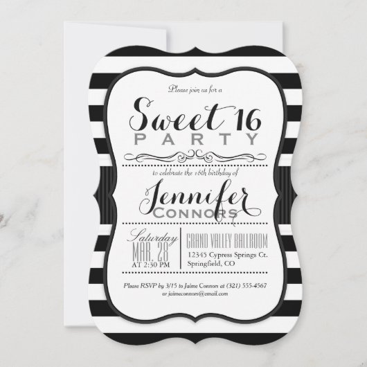 Invitation Black & White Stripes Sweet 16 Party (Devant)