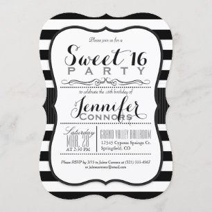 Invitation Black & White Stripes Sweet 16 Party