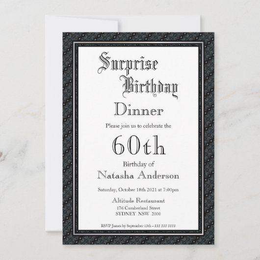 Invitation Black & White Surprise 60e anniversaire Dîner (Devant)