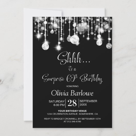 Invitation Black White Surprise 60e fête d'anniversaire (Devant)