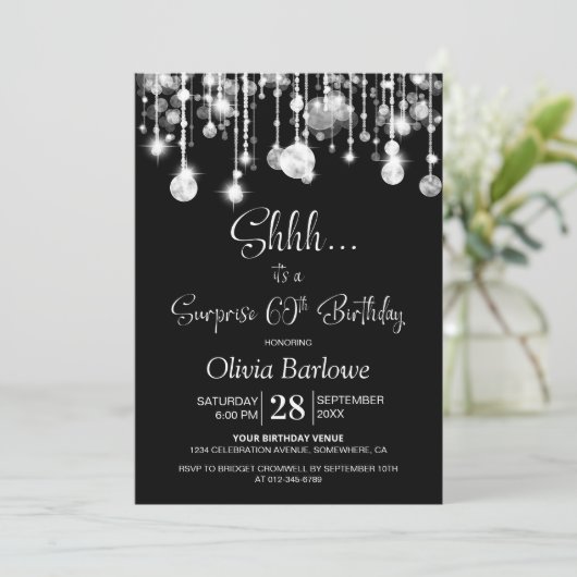 Invitation Black White Surprise 60e fête d'anniversaire (Debout devant)