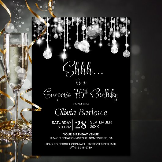 Invitation Black White Surprise 75e fête d'anniversaire