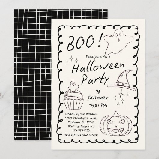 Invitation Black & White Tendance Main Tirée Halloween Party (Devant / Derrière)