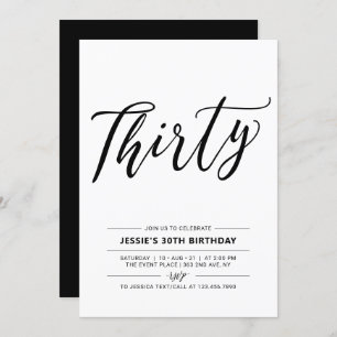 Invitation Black & White Trente minimum 30e fête d'anniversai