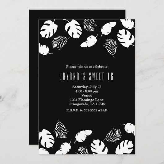 Invitation Black & White Tropical Feuilles Elegant Chic Party (Devant / Derrière)