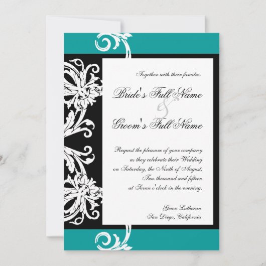Invitation Black White Turquoise Heart Mariage damassé Invita (Devant)