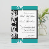 Invitation Black White Turquoise Heart Mariage damassé Invita (Debout devant)