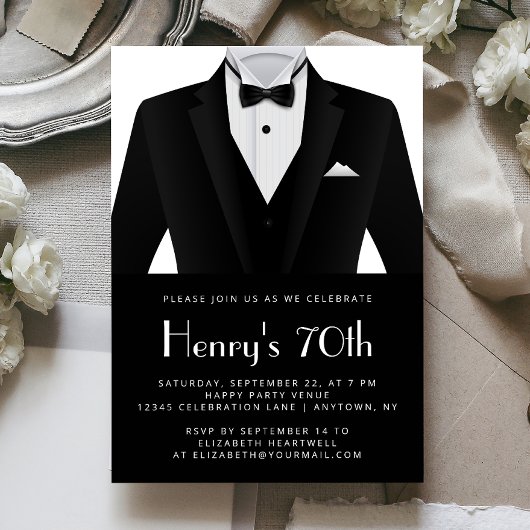 Invitation Black White Tuxedo Mens 70th Birthday Party