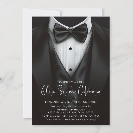 Invitation Black White Tuxedo Mens N'importe quel nombre Anni (Devant)