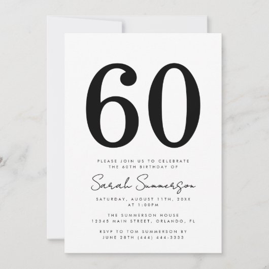 Invitation Black White Typography Sixty 60th Birthday Party (Devant)