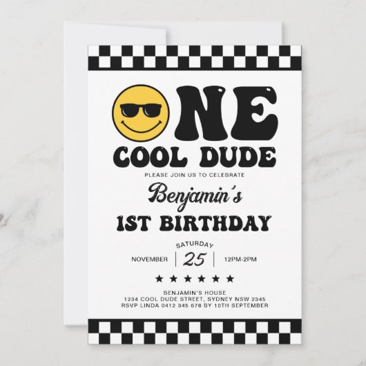 Invitation Black White Un Cool Dude Boy 1er anniversaire (Devant)