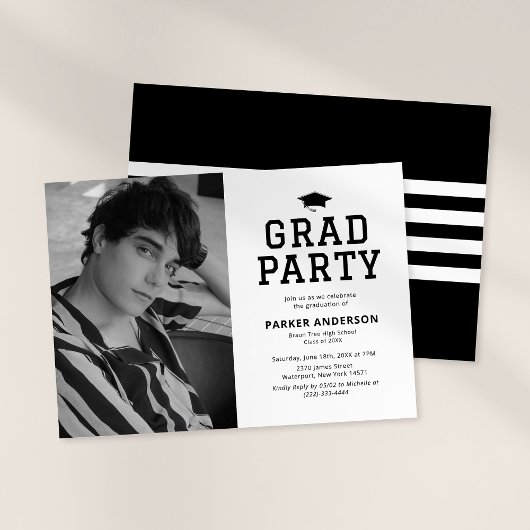 Invitation Black White Varsity Photo Party Graduation