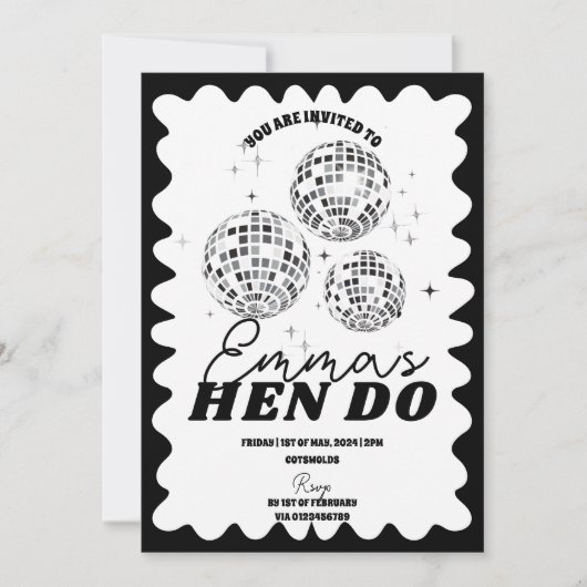 Invitation Black White Wavy Bachelorette Party Hen Itinéraire (Devant)