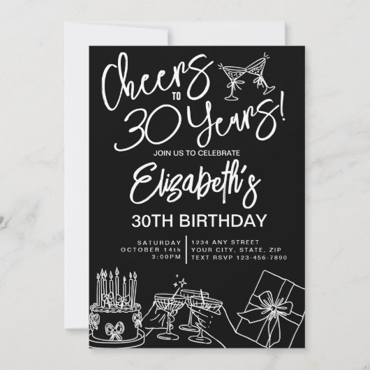 Invitation Black & White Whimsical tendance 30e anniversaire (Devant)