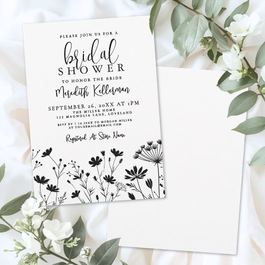 Invitation Black White Wildflower Bridal Shower