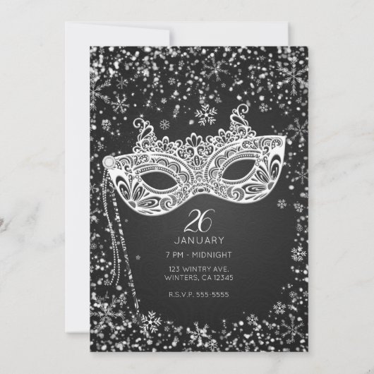 Invitation Black White Winter Wonderland Masquerade Sweet 16 (Dos)