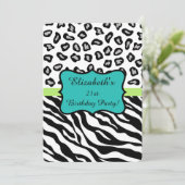Invitation Black White Zebra Leopard Skin 21e fête d'annivers (Debout devant)