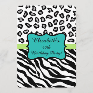 Invitation Black White Zebra Leopard Skin 60e fête d'annivers