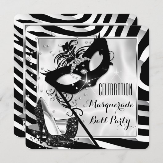 Invitation Black White Zebra Masquerade Ball Party 2 (Devant / Derrière)
