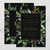 Invitation Black Winter Berry Leaf Botanical Monogram Wedding (Devant / Derrière)
