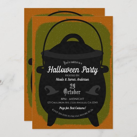 Invitation Black Witch Cauldron Orange Green Halloween Party (Devant / Derrière)