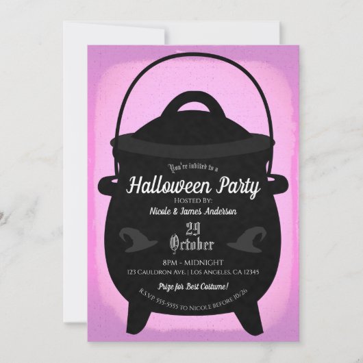 Invitation Black Witch Cauldron Pink Halloween Party (Devant)