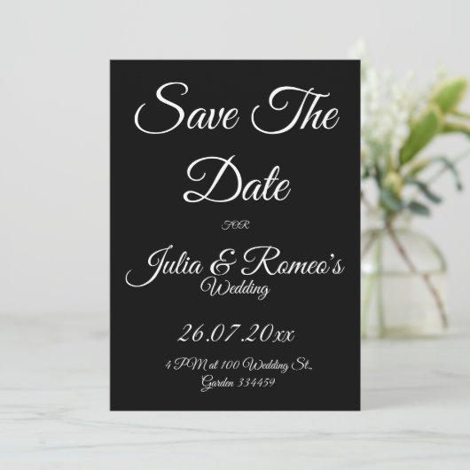 Invitation Black with White Script Save The Date Card  (Debout devant)