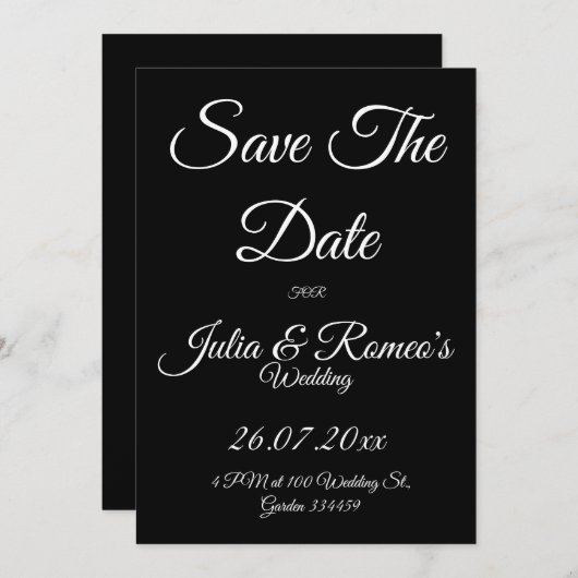 Invitation Black with White Script Save The Date Card  (Devant / Derrière)