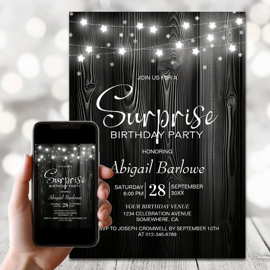 Invitation Black Wood Surprise fête d'anniversaire