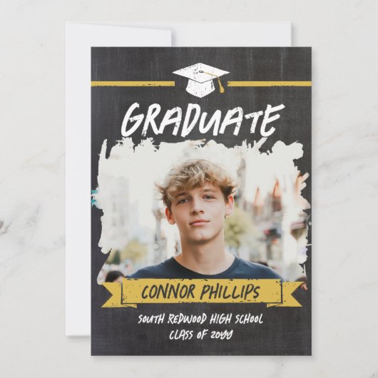 Invitation Black Yellow Cool Chalk Photo Graduation Party (Devant)