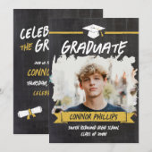 Invitation Black Yellow Cool Chalk Photo Graduation Party (Devant / Derrière)